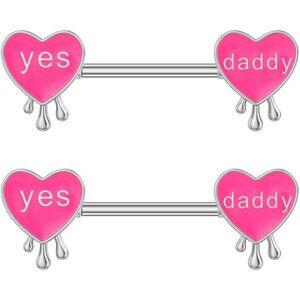 14G 316L Surgical Steel Pink Heart Nipple Rings Nipple Barbell Yes Daddy Naughty